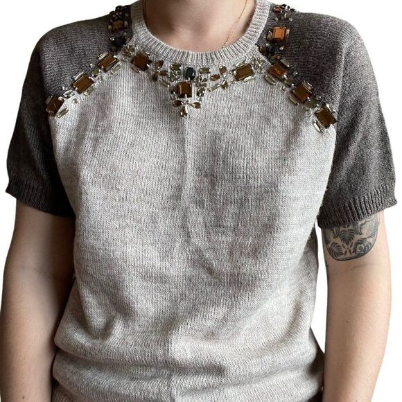 NWOT J Crew Womens Alpaca Wool Blend Crew Jewel Embroidered Short Sleeve Sweater - Picture 7 of 10